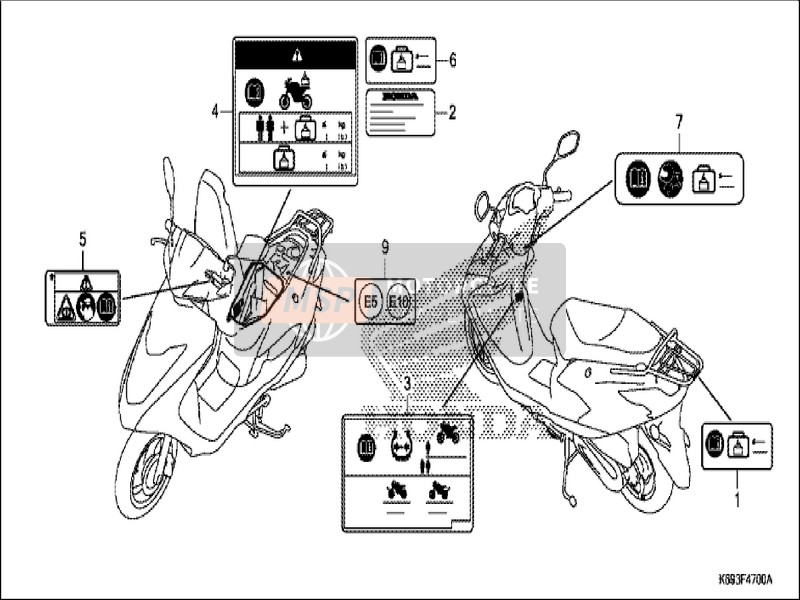 Honda NSC1255WH 2019 Waarschuwingsetiket voor een 2019 Honda NSC1255WH